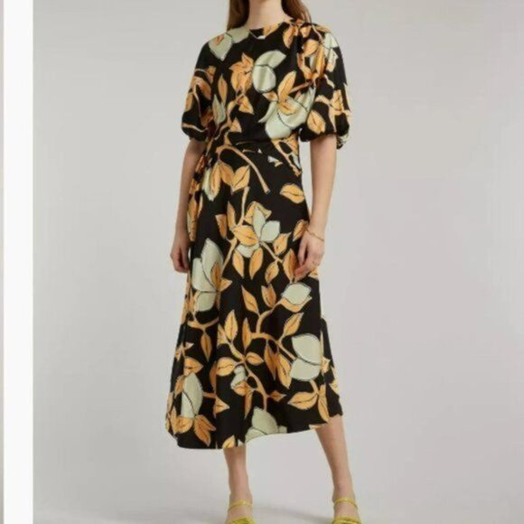 STINE GOYA womens Aubrie Lemon Print Midi Dress size XS Yellow Citrus Print